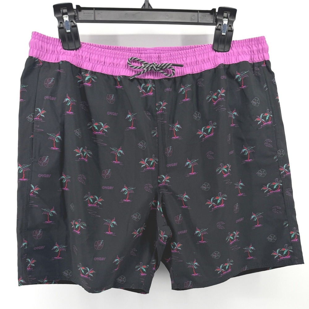 Oakley Mens Board Shorts XL Black Pink Tropical Palm Tree Mesh Lined Swim Trunks